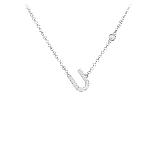 Pavé U Initial Necklace with Satellite Gemstone – Sterling Silver with White Premium Zirconia and Aquamarine