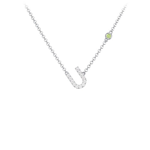 Pavé U Initial Necklace with Satellite Gemstone – Sterling Silver with White Premium Zirconia and Peridot