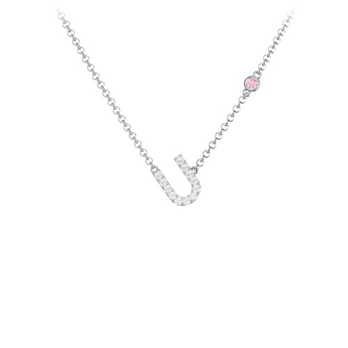 Pavé U Initial Necklace with Satellite Gemstone – Sterling Silver with White Premium Zirconia and Pink Tourmaline