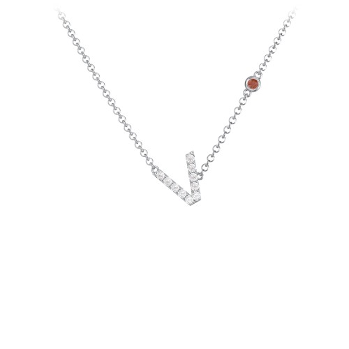 Pavé V Initial Necklace with Satellite Gemstone – Sterling Silver with White Premium Zirconia and Garnet