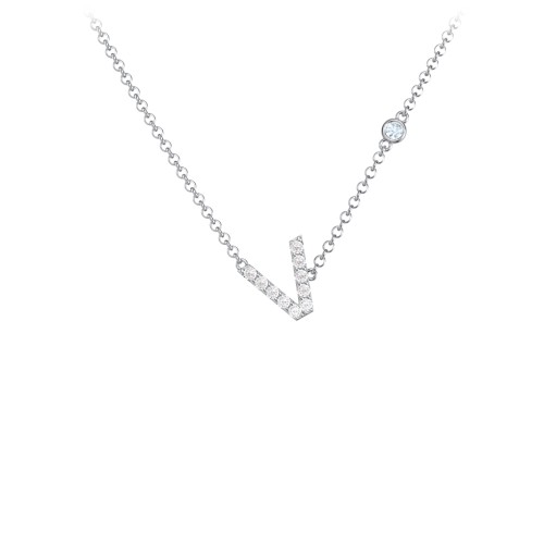 Pavé V Initial Necklace with Satellite Gemstone – Sterling Silver with White Premium Zirconia and Aquamarine