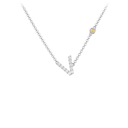 Pavé V Initial Necklace with Satellite Gemstone – Sterling Silver with White Premium Zirconia and Citrine