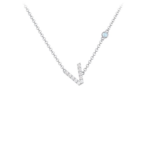 Pavé V Initial Necklace with Satellite Gemstone – Sterling Silver with White Premium Zirconia and Blue Topaz