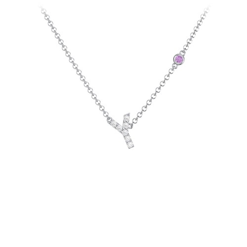 Pavé Y Initial Necklace with Satellite Gemstone – Sterling Silver with White Premium Zirconia and Amethyst