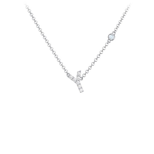 Pavé Y Initial Necklace with Satellite Gemstone – Sterling Silver with White Premium Zirconia and Aquamarine