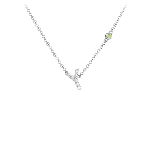 Pavé Y Initial Necklace with Satellite Gemstone – Sterling Silver with White Premium Zirconia and Peridot