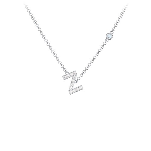 Pavé Z Initial Necklace with Satellite Gemstone – Sterling Silver with White Premium Zirconia and Aquamarine