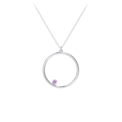 Open Circle Necklace with 1 Birthstone – Sterling Silver with Amethyst