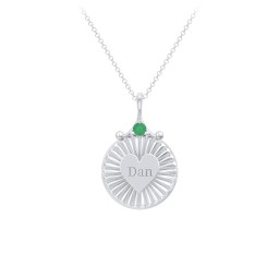 Engravable Sunburst Heart Necklace with Gemstone in 925 Sterling Silver with Emerald
