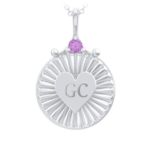 Engravable Sunburst Heart Necklace with Gemstone – Sterling Silver with Amethyst