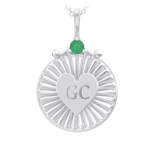 Engravable Sunburst Heart Necklace with Gemstone – Sterling Silver with Emerald