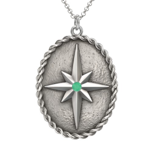 Engravable North Star Medallion Necklace with Accent Stone – Sterling Silver with Emerald