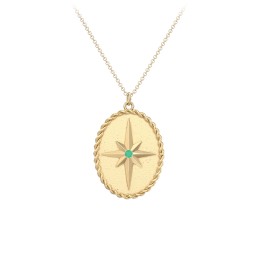 Engravable North Star Medallion Necklace with Accent Stone in 10K Solid Yellow Gold with Emerald