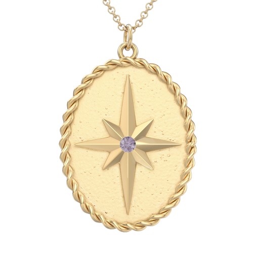 Engravable North Star Medallion Necklace with Accent Stone – 10K Yellow Gold with Alexandrite