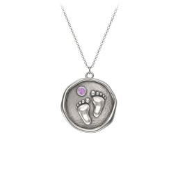Engravable Baby Footprint Medallion Necklace with Birthstone in 925 Sterling Silver with Amethyst