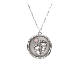 Engravable Baby Footprint Medallion Necklace with Birthstone in 925 Sterling Silver with Pink Tourmaline