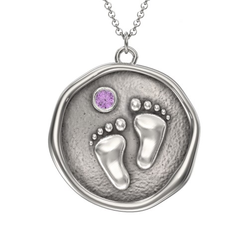 Engravable Baby Footprint Medallion Necklace with Birthstone – Sterling Silver with Amethyst