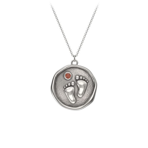 Engravable Baby Footprint Medallion Necklace with Birthstone – Sterling Silver with Garnet