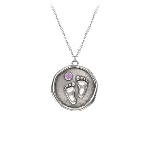 Engravable Baby Footprint Medallion Necklace with Birthstone – Sterling Silver with Amethyst