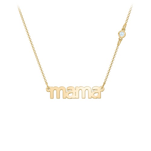 Mama Necklace In Modern Font with Satellite Birthstone – 18K Gold Plated Silver with Aquamarine