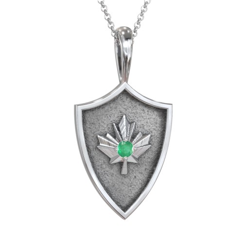 Maple Leaf Hero Shield Pendant with Gemstone – Sterling Silver with Emerald