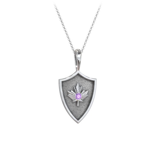 Maple Leaf Hero Shield Pendant with Gemstone – Sterling Silver with Amethyst