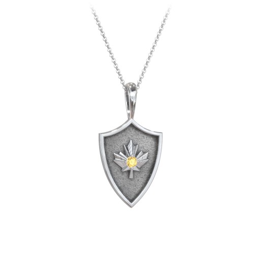 Maple Leaf Hero Shield Pendant with Gemstone – Sterling Silver with Citrine
