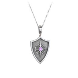 Compass Hero Shield Pendant with Gemstone in 925 Sterling Silver with Amethyst