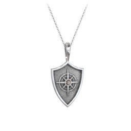Compass Hero Shield Pendant with Gemstone in 925 Sterling Silver with Smokey Quartz
