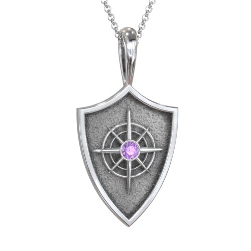 Compass Hero Shield Pendant with Gemstone – Sterling Silver with Amethyst