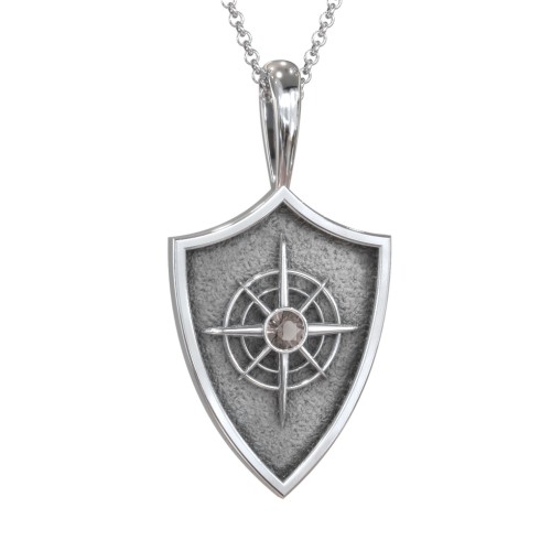 Compass Hero Shield Pendant with Gemstone – Sterling Silver with Smokey Quartz