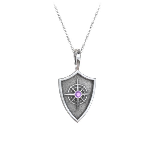 Compass Hero Shield Pendant with Gemstone – Sterling Silver with Amethyst