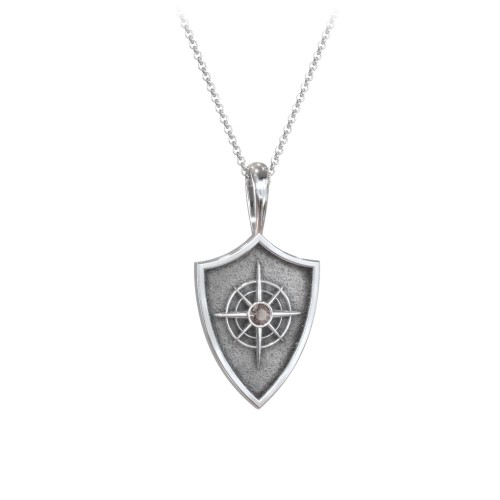 Compass Hero Shield Pendant with Gemstone – Sterling Silver with Smokey Quartz