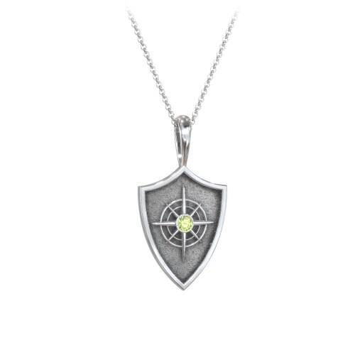 Compass Hero Shield Pendant with Gemstone – Sterling Silver with Peridot