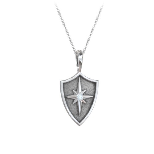 Starburst Hero Shield Pendant with Gemstone – Sterling Silver with Aquamarine