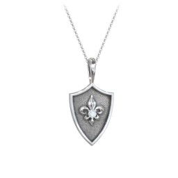 Fleur-de-lis Hero Shield Pendant with Gemstone in 925 Sterling Silver with Aquamarine