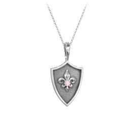Fleur-de-lis Hero Shield Pendant with Gemstone in 925 Sterling Silver with Pink Tourmaline