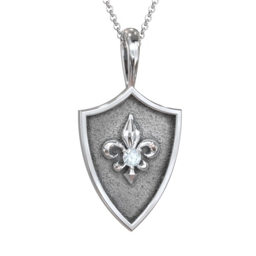 Fleur-de-lis Hero Shield Pendant with Gemstone – Sterling Silver with Aquamarine