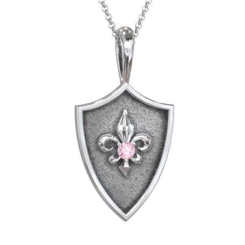 Fleur-de-lis Hero Shield Pendant with Gemstone – Sterling Silver with Pink Tourmaline