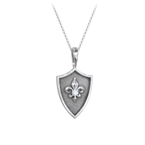 Fleur-de-lis Hero Shield Pendant with Gemstone – Sterling Silver with Aquamarine