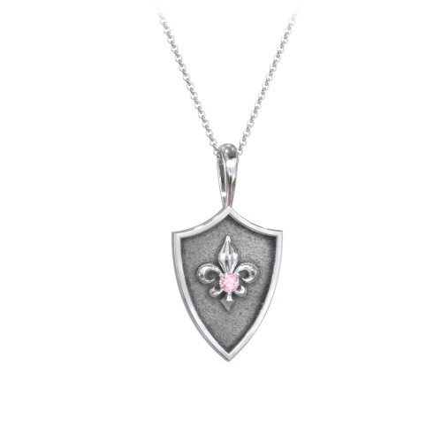 Fleur-de-lis Hero Shield Pendant with Gemstone – Sterling Silver with Pink Tourmaline