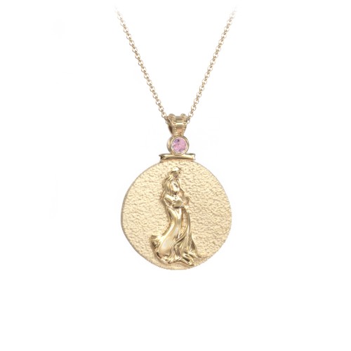 Engravable Aquarius Zodiac Medallion With Accent – 18K Gold Plated Silver with Pink Tourmaline