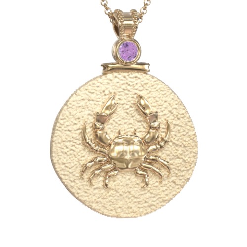 Engravable Cancer Zodiac Medallion With Accent – 18K Gold Plated Silver with Amethyst