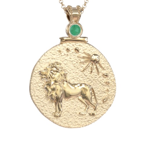 Engravable Leo Zodiac Medallion With Accent – 18K Gold Plated Silver with Emerald