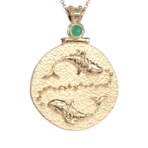 Engravable Pisces Zodiac Medallion With Accent – 18K Gold Plated Silver with Emerald