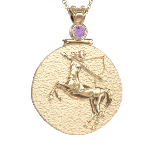 Engravable Sagittarius Zodiac Medallion Necklace – 18K Gold Plated Silver with Amethyst