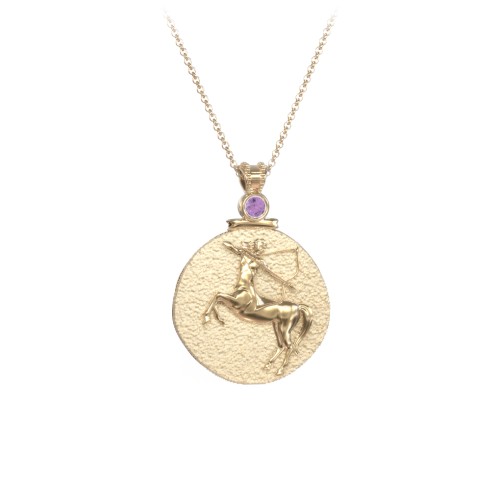Engravable Sagittarius Zodiac Medallion Necklace – 18K Gold Plated Silver with Amethyst