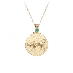 Engravable Taurus Zodiac Medallion With Accent in 18K Gold Plated Silver with Emerald
