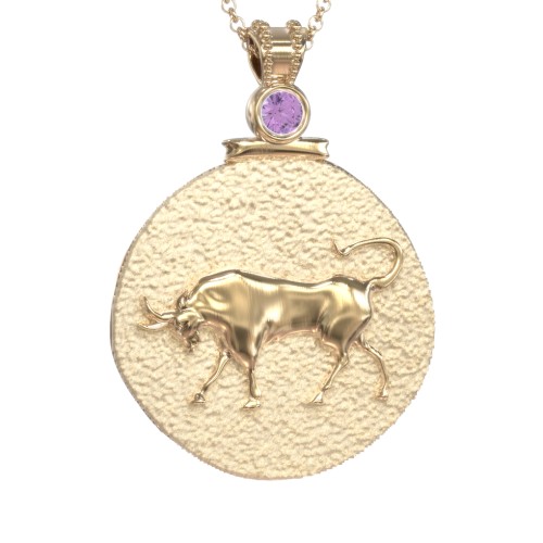 Engravable Taurus Zodiac Medallion With Accent – 18K Gold Plated Silver with Amethyst