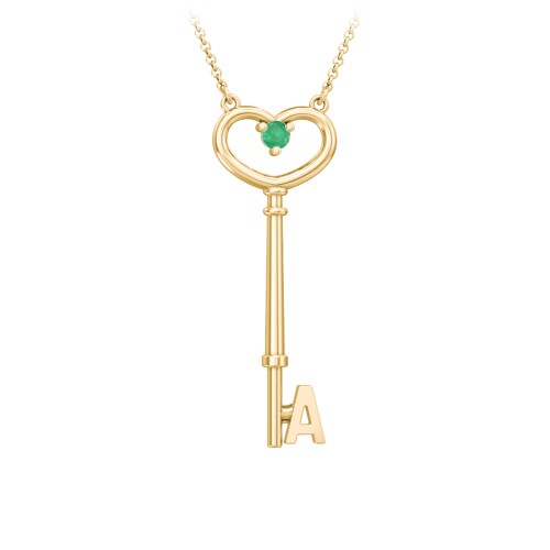 Initial Heart Key Necklace with Gemstone - A – 18K Gold Plated Silver with Emerald